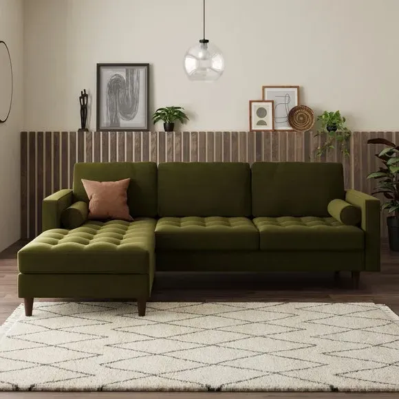Corner Sofa Bed with Chaise - Olive, Velvet