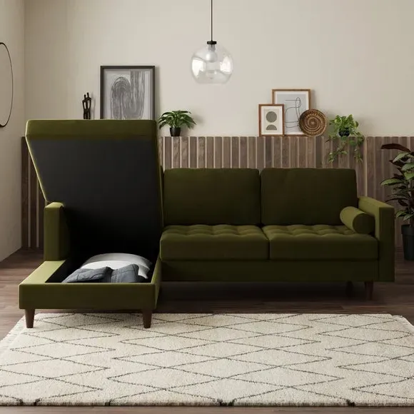 Corner Sofa Bed with Chaise - Olive, Velvet