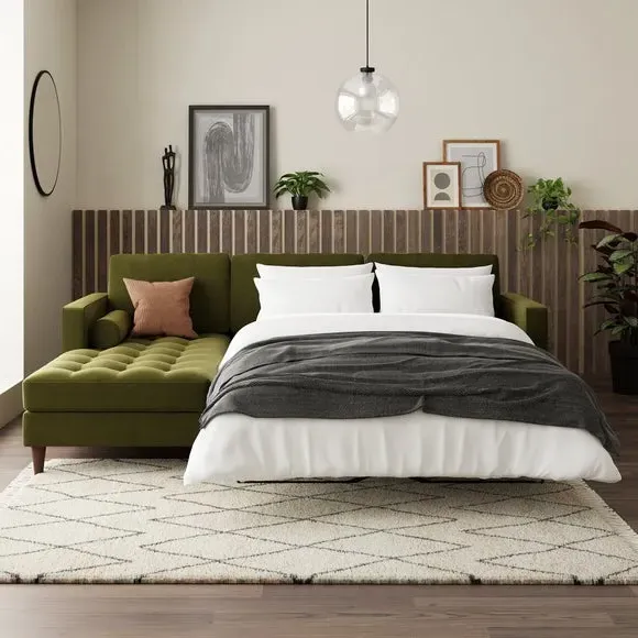 Corner Sofa Bed with Chaise - Olive, Velvet