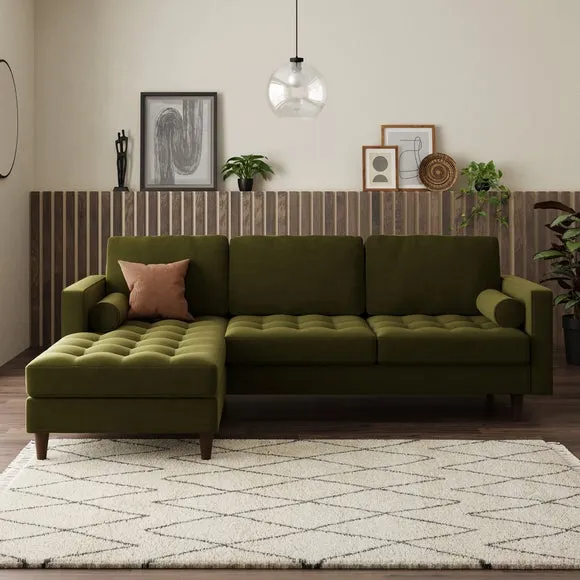 Corner Sofa Bed with Chaise - Olive, Velvet