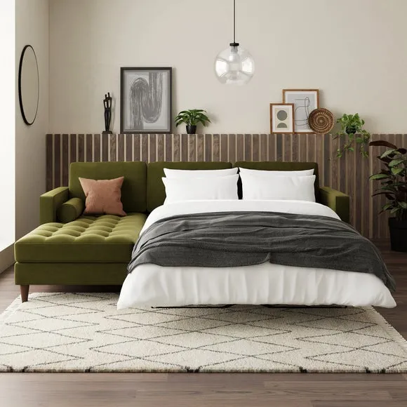 Corner Sofa Bed with Chaise - Olive, Velvet