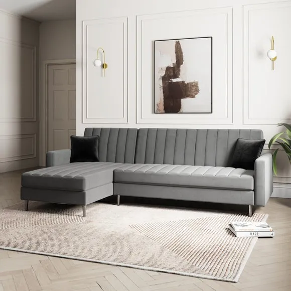 Corner Sofa Bed with Storage - Grey, Velvet