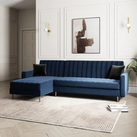 Corner Sofa Bed with Storage - Navy, Velvet