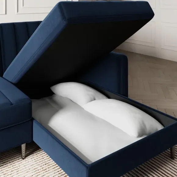 Corner Sofa Bed with Storage - Navy, Velvet