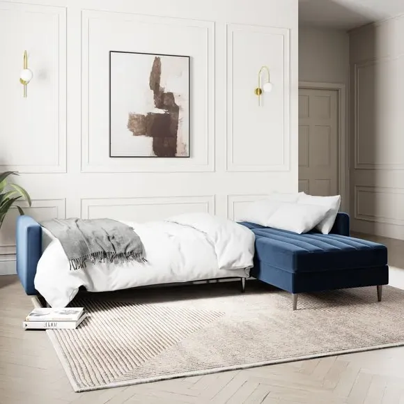 Corner Sofa Bed with Storage - Navy, Velvet