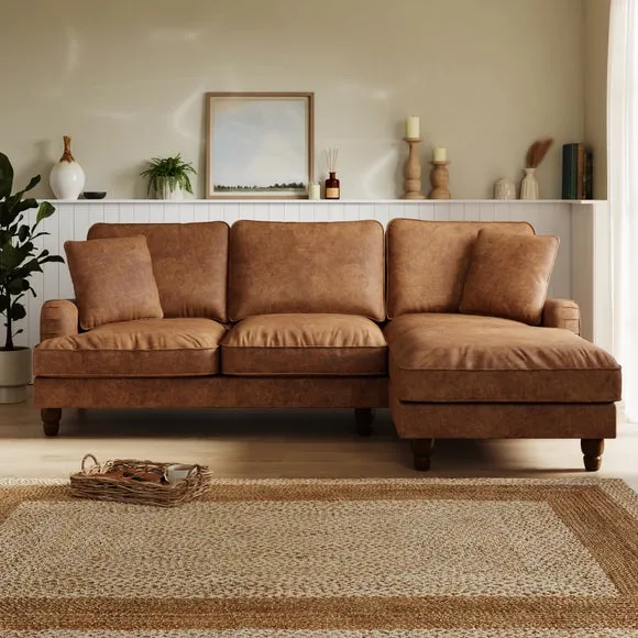 Corner Sofa Bed with Storage - Tan, Faux Leather