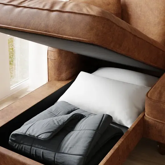 Corner Sofa Bed with Storage - Tan, Faux Leather