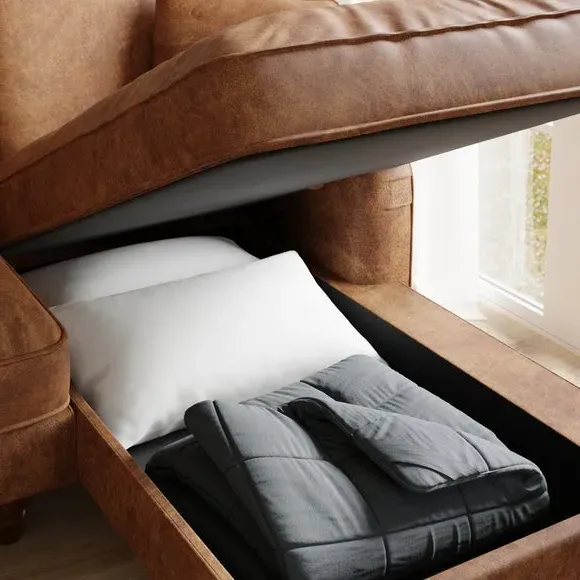 Corner Sofa Bed with Storage - Tan, Faux Leather