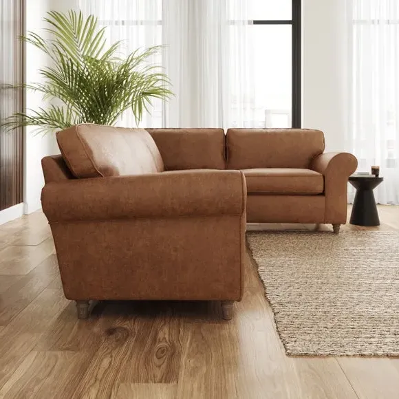 Corner Sofa with Curved Arms - Tan, Faux Leather