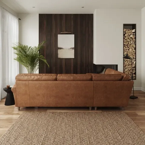 Corner Sofa with Curved Arms - Tan, Faux Leather