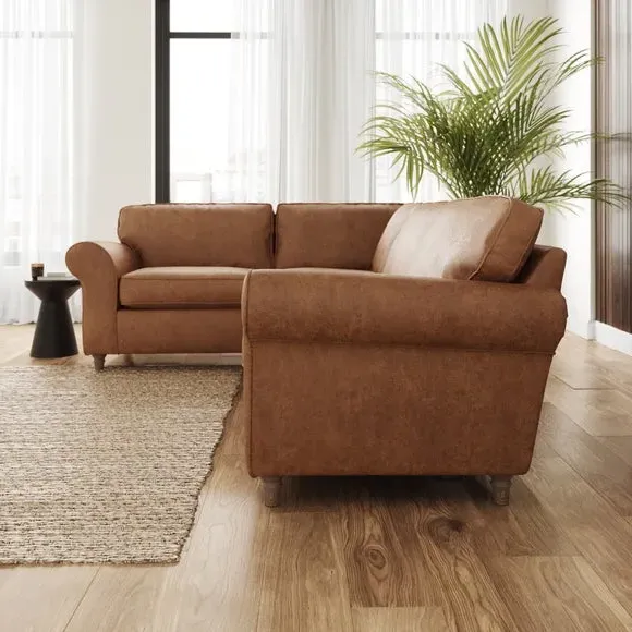 Corner Sofa with Curved Arms - Tan, Faux Leather