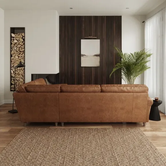 Corner Sofa with Curved Arms - Tan, Faux Leather