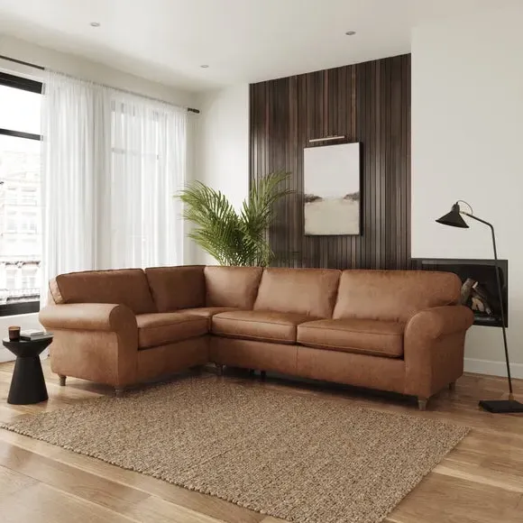 Corner Sofa with Curved Arms - Tan, Faux Leather
