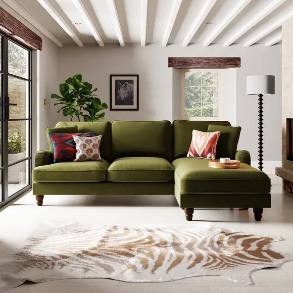 Corner Sofa with Scatter Cushions - Olive, Velvet