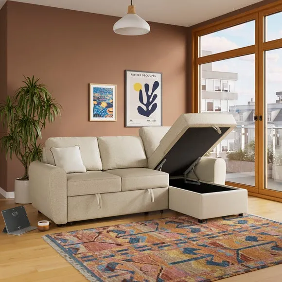 Corner Trundle Sofa Bed - Natural, Boucle