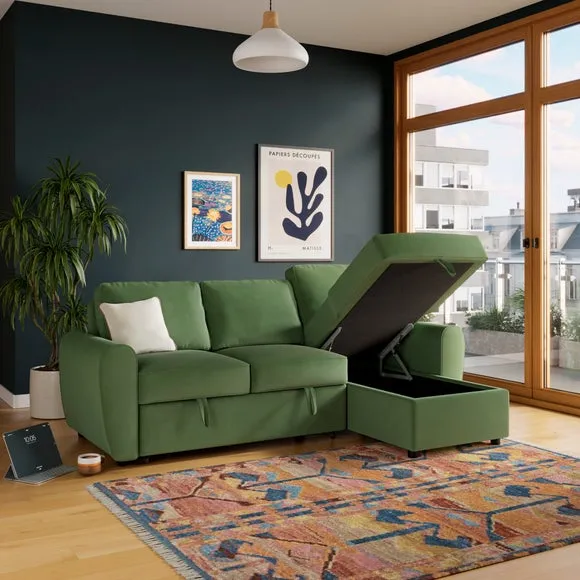 Corner Trundle Sofa Bed with Storage - Sage, Velvet