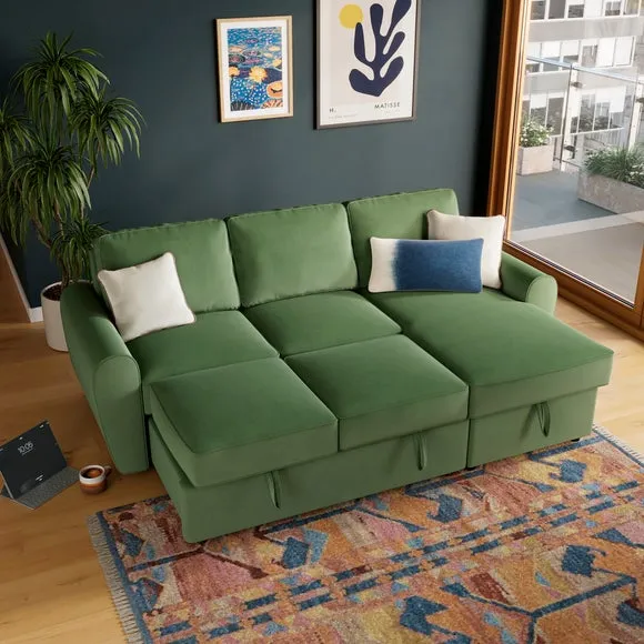 Corner Trundle Sofa Bed with Storage - Sage, Velvet