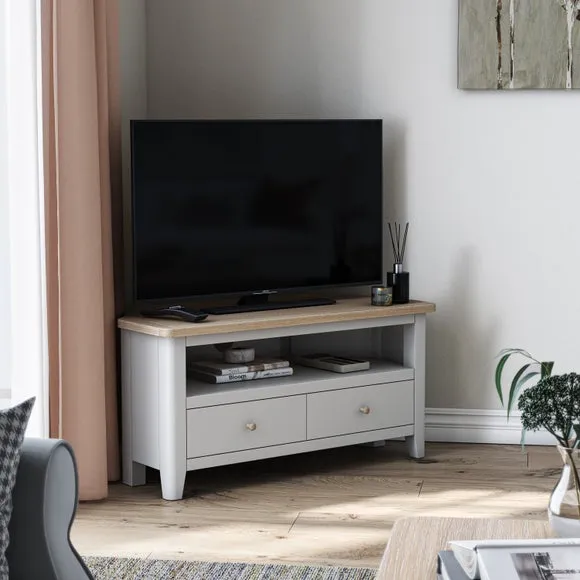 Corner TV Unit with Storage - Grey, Oak Pine image