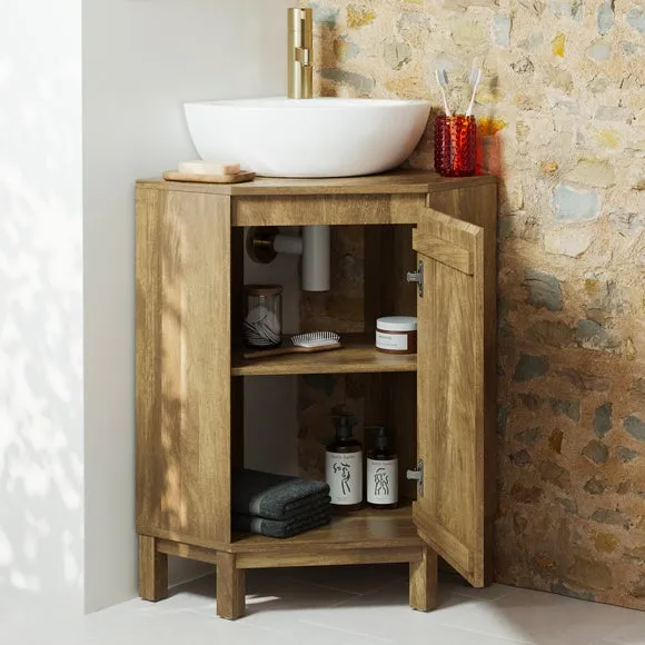 Corner Vanity Unit with Shelf - Mango Wood Effect
