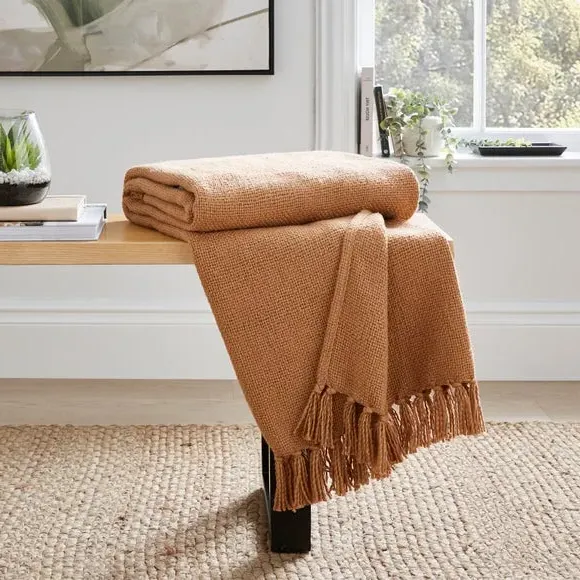 Cotton Weave Throw Blanket - Camel