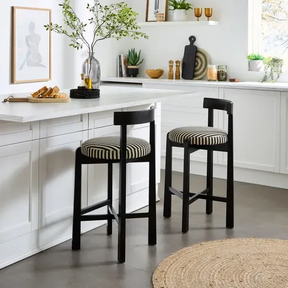 Counter Height Barstool - Black, Striped Fabric