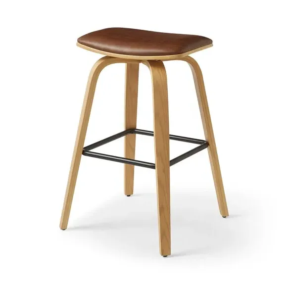 Counter Height Barstool - Modern Oak, Faux Leather