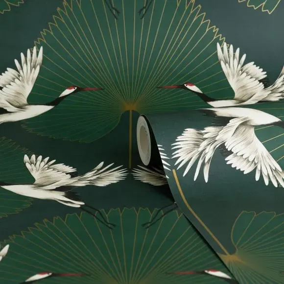 Crane Pattern Wallpaper - Green, Paper