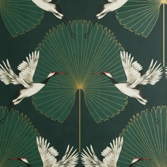 Crane Pattern Wallpaper - Green, Paper