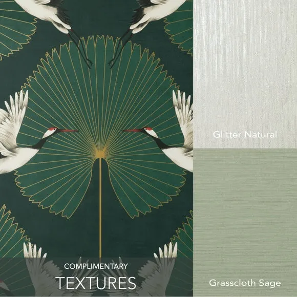 Crane Pattern Wallpaper - Green, Paper