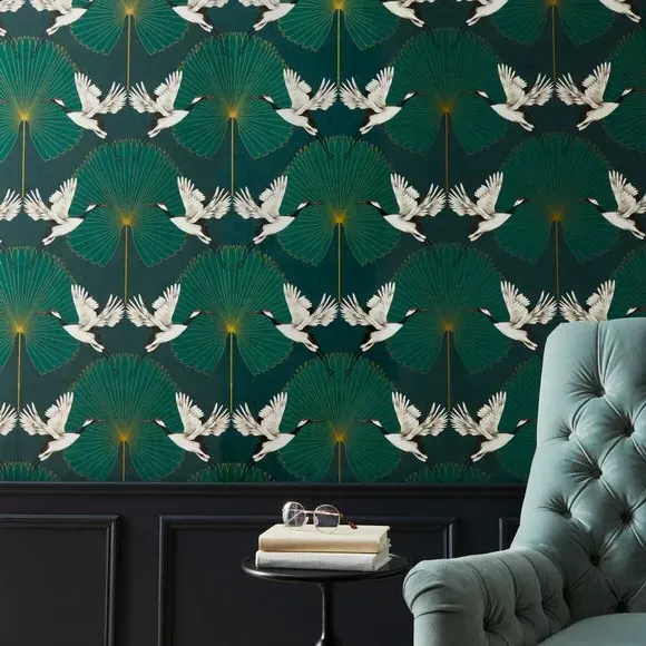 Crane Pattern Wallpaper - Green, Paper
