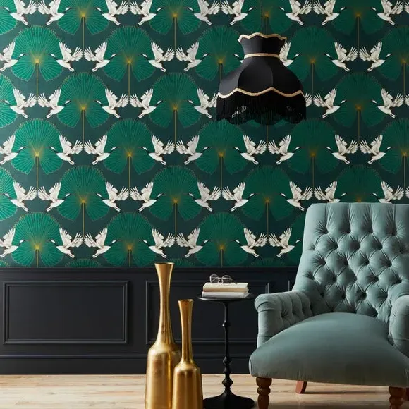 Crane Pattern Wallpaper - Green, Paper image