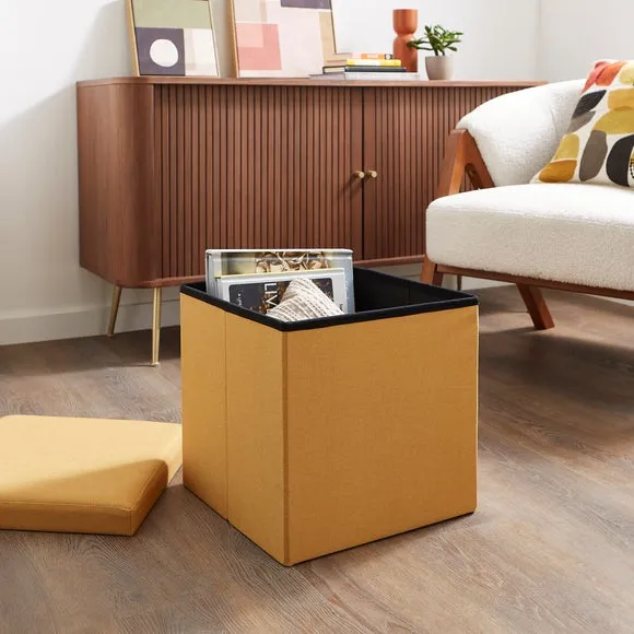 Cube Ottoman with Storage - Ochre, Faux Linen
