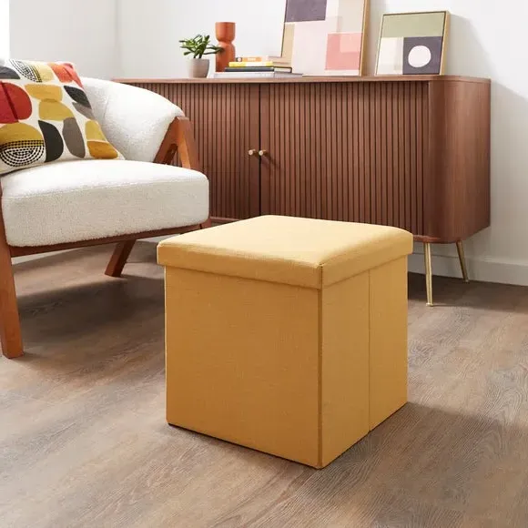 Cube Ottoman with Storage - Ochre, Faux Linen