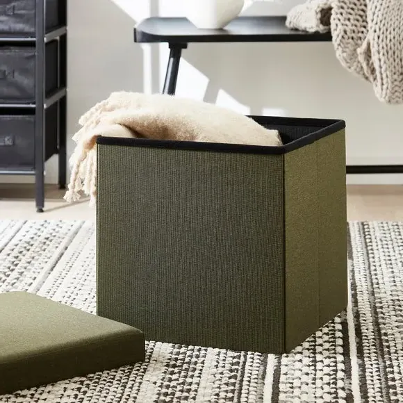 Cube Ottoman with Storage - Olive, Faux Linen