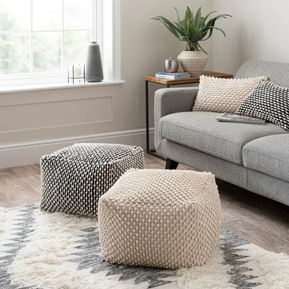 Cube Pouffe with Bobble Texture - Natural, Jersey