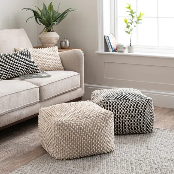 Cube Pouffe with Bobble Texture - Natural, Jersey