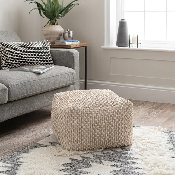 Cube Pouffe with Bobble Texture - Natural, Jersey