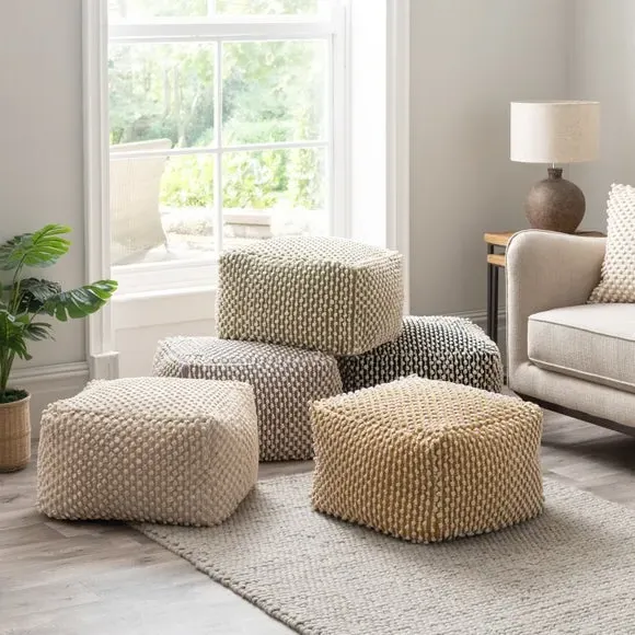 Cube Pouffe with Bobble Texture - Ochre, Jersey
