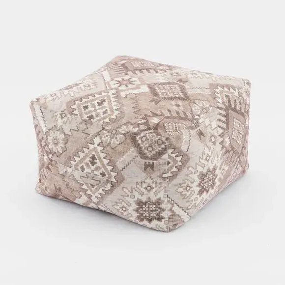 Cube Pouffe with Geometric Design - Natural, Kilim