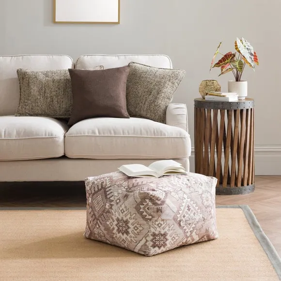 Cube Pouffe with Geometric Design - Natural, Kilim image