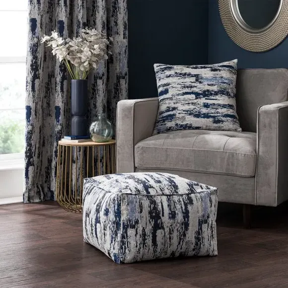 Cube Pouffe with Geometric Design - Navy, Polyester image
