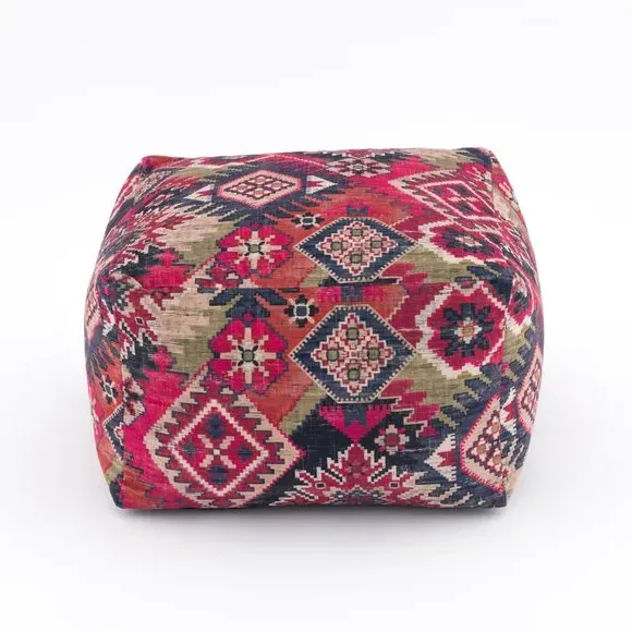 Cube Pouffe with Geometric Design - Pink, Kilim