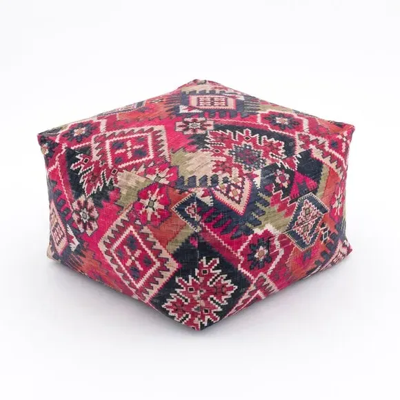 Cube Pouffe with Geometric Design - Pink, Kilim