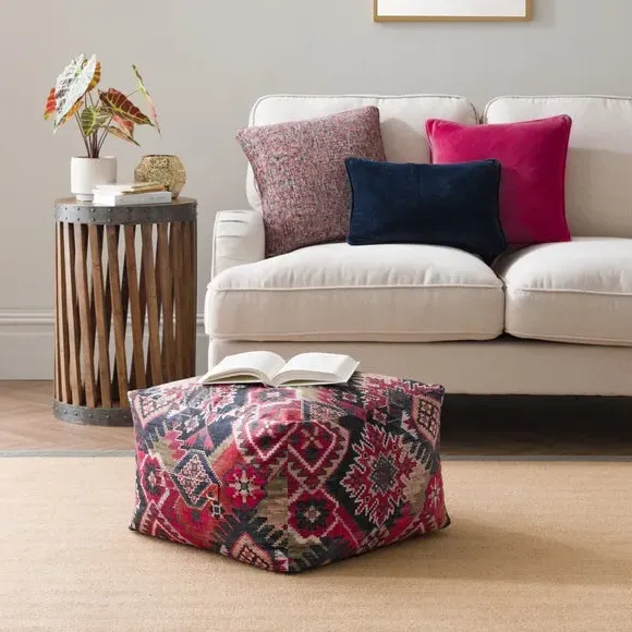 Cube Pouffe with Geometric Design - Pink, Kilim