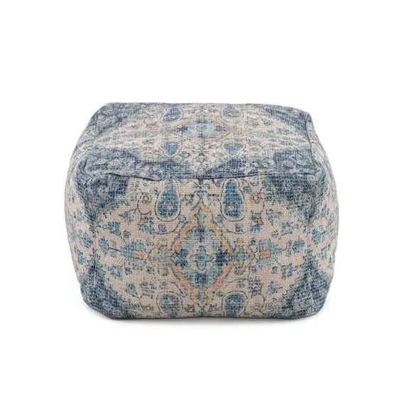 Cube Pouffe with Moroccan Print - Blue, Cotton