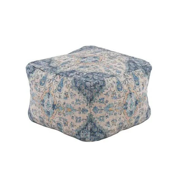 Cube Pouffe with Moroccan Print - Blue, Cotton