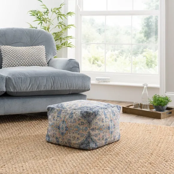 Cube Pouffe with Moroccan Print - Blue, Cotton
