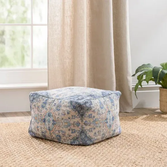 Cube Pouffe with Moroccan Print - Blue, Cotton image