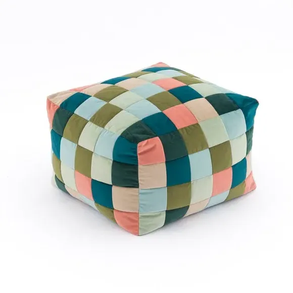Cube Pouffe with Patchwork Design - Blue, Polyester