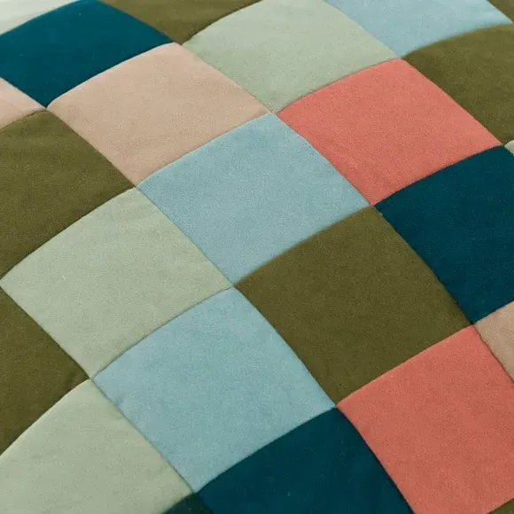 Cube Pouffe with Patchwork Design - Blue, Polyester